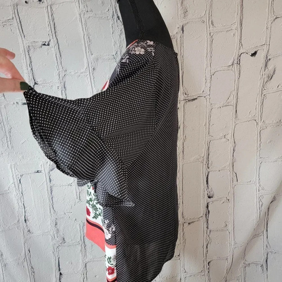 LIZ Claiborne Dolman Black Polka Dot‎ Floral Panel Flowy Chiffon Blouse Top OX - Picture 3 of 6